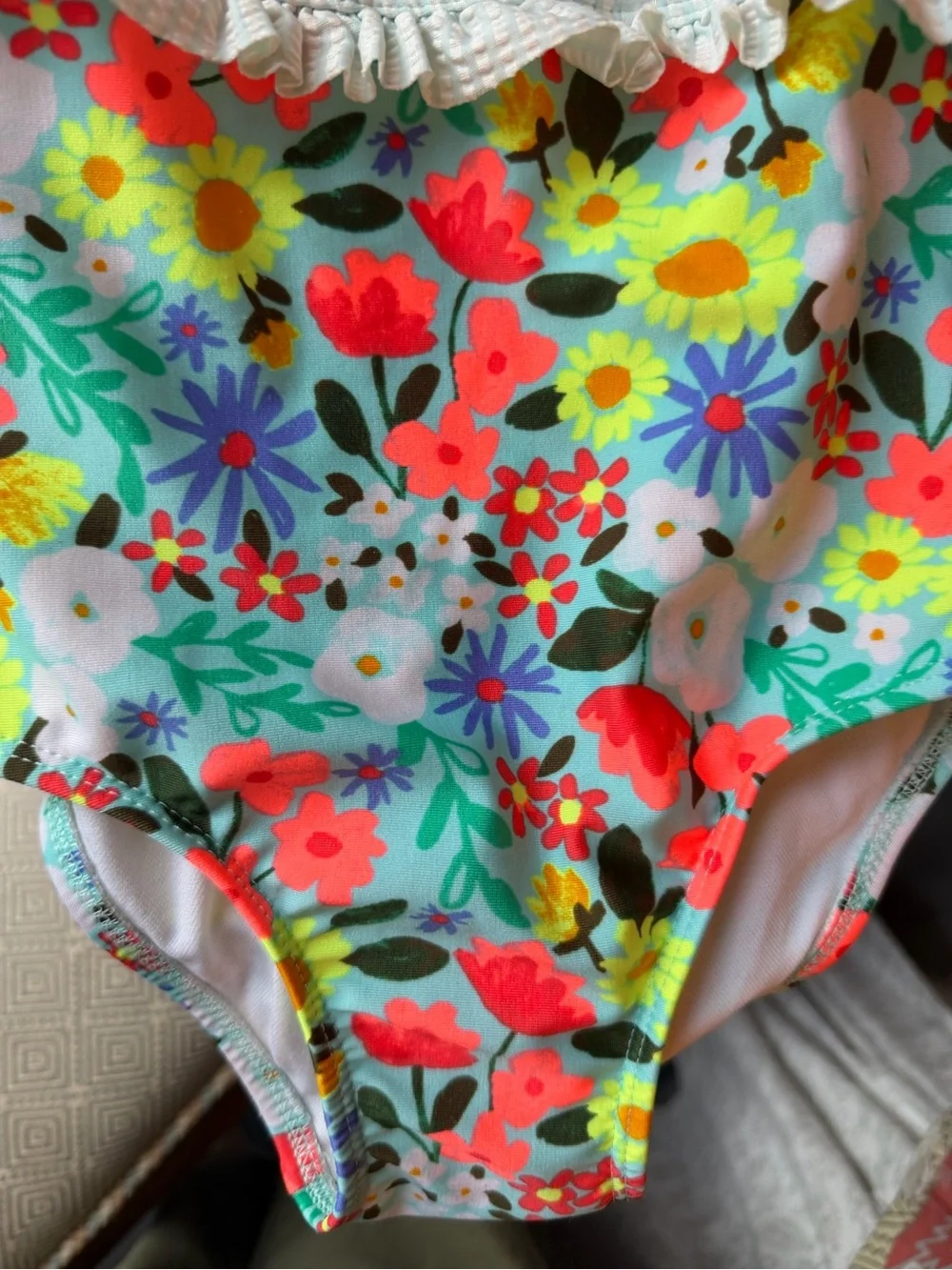 Girls Floral One-Piece Swimsuit with Ruffle Top has Seersucker Look 3T